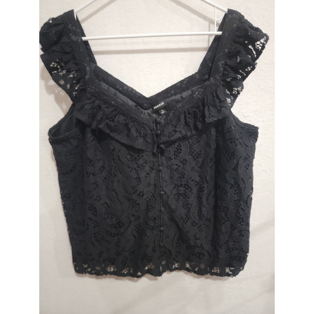 Torrid Womens 1 / 1X Black Floral Lace Lined Sleeveless Ruffle Blouse Shell Top
